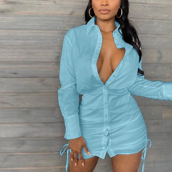 Sexy Slim Drawstring Single Breasted Shirt Long Sleeve Dress - Image 4