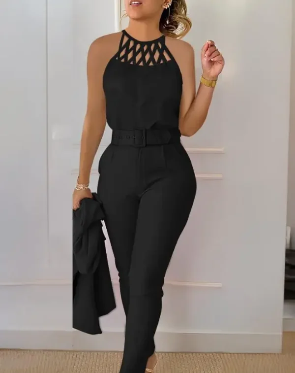 Two Piece Set Women Outfit 2024 Summer Fashion Hollow Out Round Neck Sleeveless Tank Top & Casual Pocket Daily Pants Set - Image 2