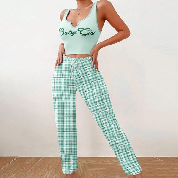 Spring Summer Women's Casual Pajamas Home Wear Vest Color Matching Plaid Trousers Letter Print Top Ladies 2 Pcs Home Clothes Sleepwear - Image 9