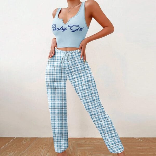 Spring Summer Women's Casual Pajamas Home Wear Vest Color Matching Plaid Trousers Letter Print Top Ladies 2 Pcs Home Clothes Sleepwear - Image 8