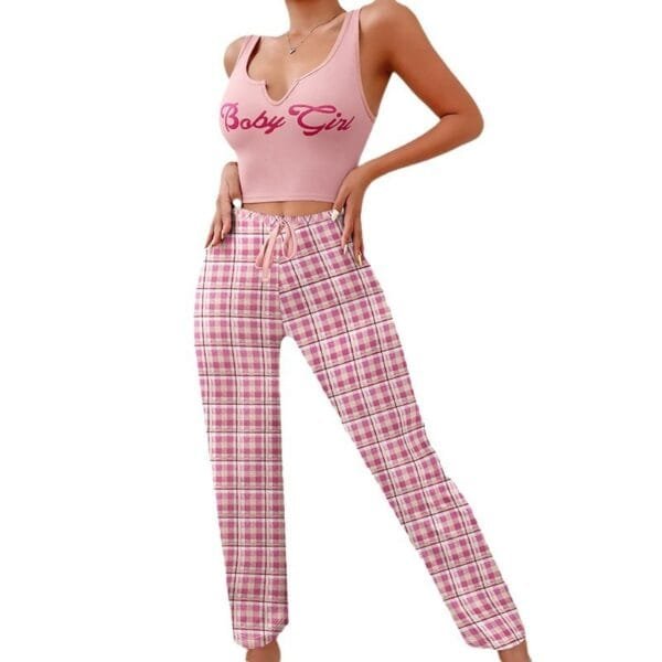 Spring Summer Women's Casual Pajamas Home Wear Vest Color Matching Plaid Trousers Letter Print Top Ladies 2 Pcs Home Clothes Sleepwear - Image 7