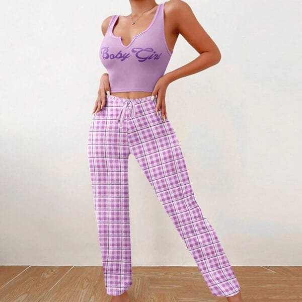 Spring Summer Women's Casual Pajamas Home Wear Vest Color Matching Plaid Trousers Letter Print Top Ladies 2 Pcs Home Clothes Sleepwear - Image 3