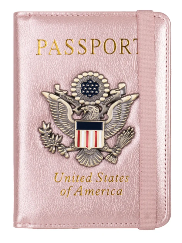 RFID Blocking Leather Passport Holder With 3D Metal Badge, Travel Document Passport Wallet Organizer