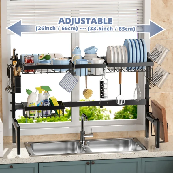 Over The Sink Dish Drying Rack, Adjustable 2 Tier Metal Steel Dish Drying Racks for Kitchen Counter - Image 3