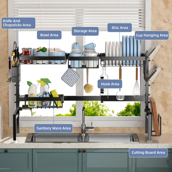 Over The Sink Dish Drying Rack, Adjustable 2 Tier Metal Steel Dish Drying Racks for Kitchen Counter - Image 2