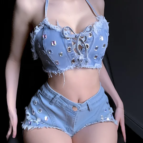 24 New Summer Sexy Beach Rough Edge Diamond Denim Shorts Two Piece Sets Womens Outifits - Image 4