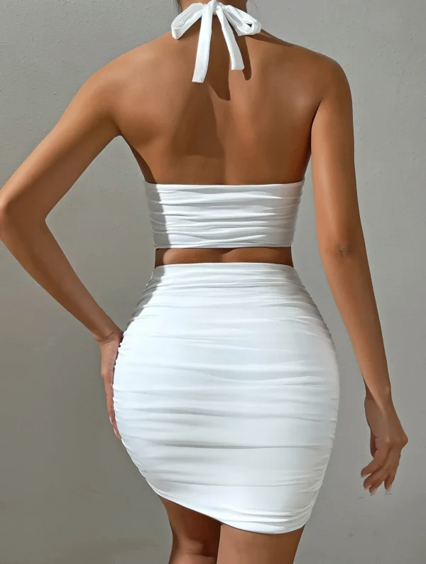 Women White Sexy Halter Neck Sleeveless Backless Two Piece Set Strapless Pleated Slim Bodycon Evening Dresses - Image 2