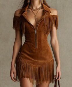 Retro Suede Off-Shoulder Dress